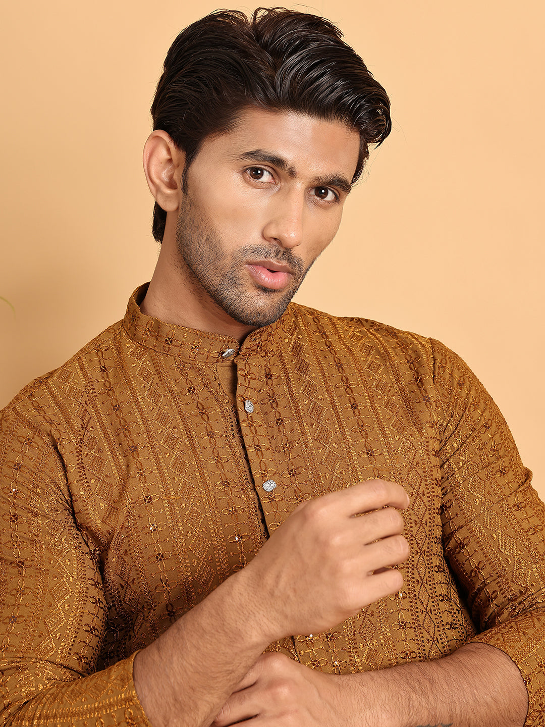 Embroidered Straight Kurtas For Men ( KO 5118Mustard )