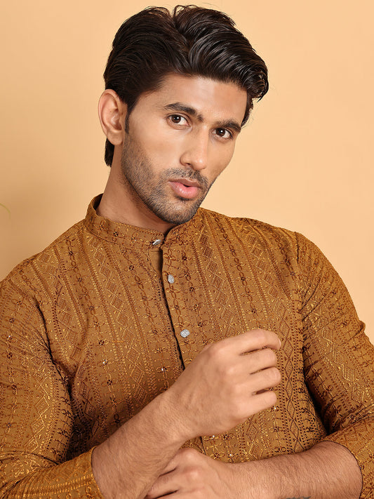 Embroidered Straight Kurtas For Men ( KO 5118Mustard )