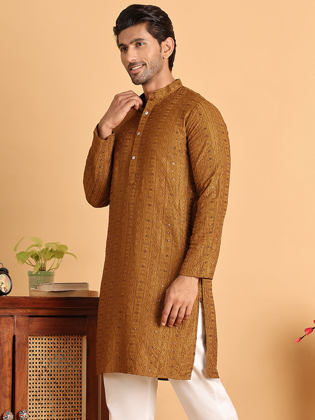 Embroidered Straight Kurtas For Men ( KO 5118Mustard )