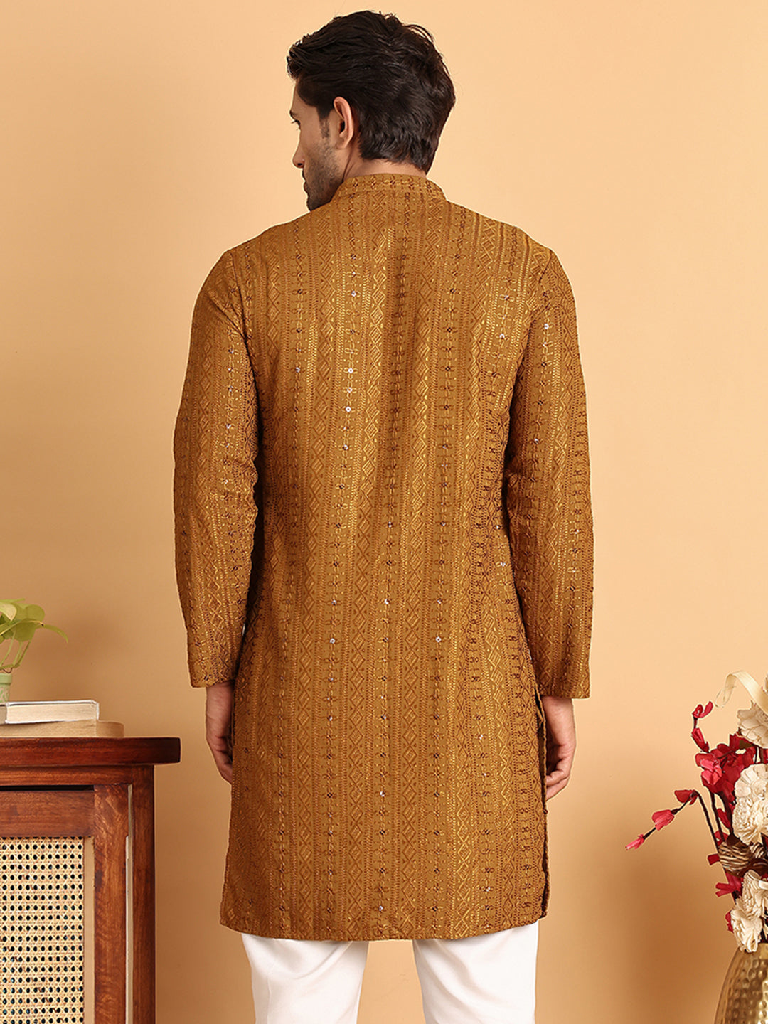Embroidered Straight Kurtas For Men ( KO 5118Mustard )
