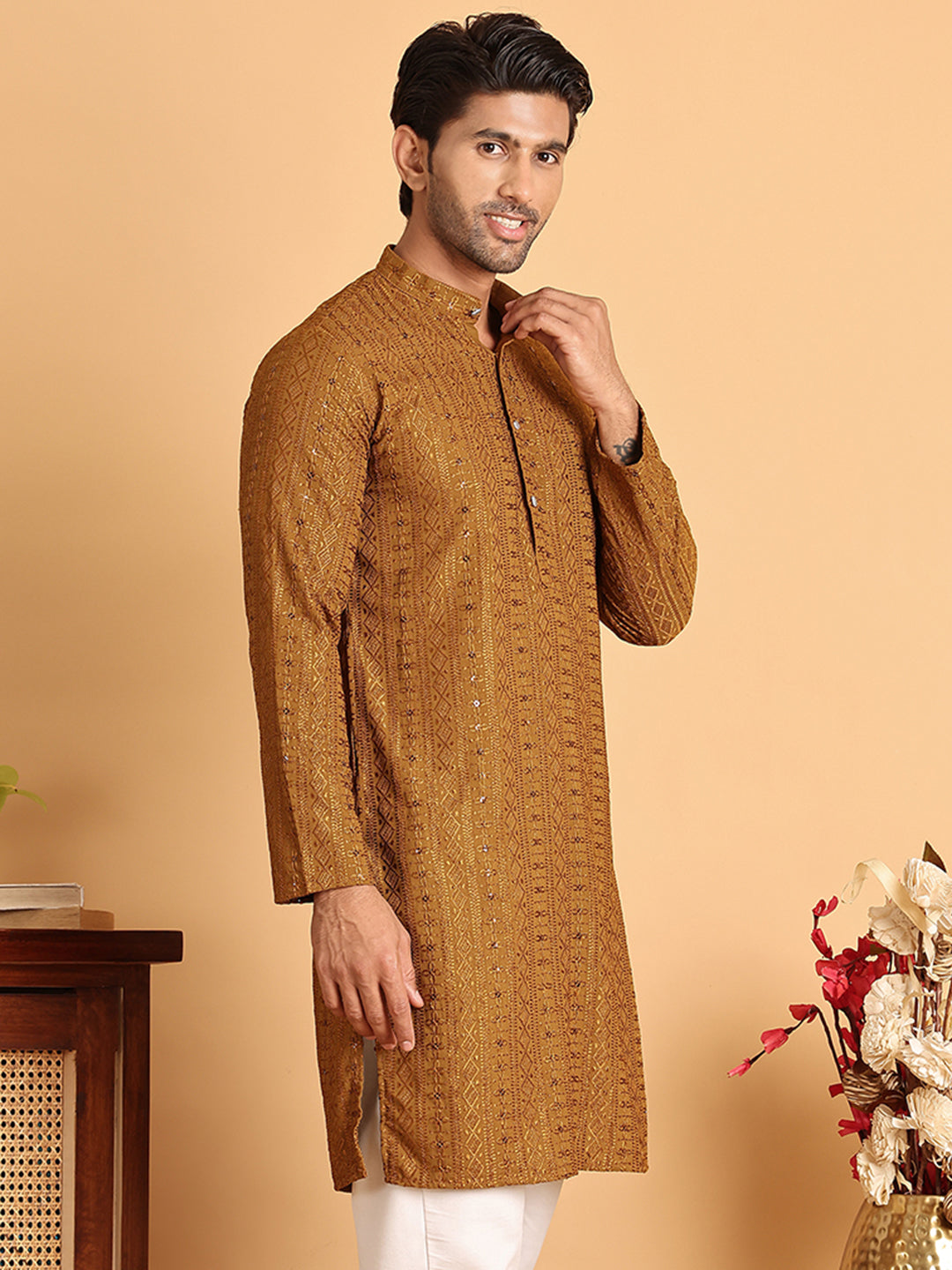 Embroidered Straight Kurtas For Men ( KO 5118Mustard )