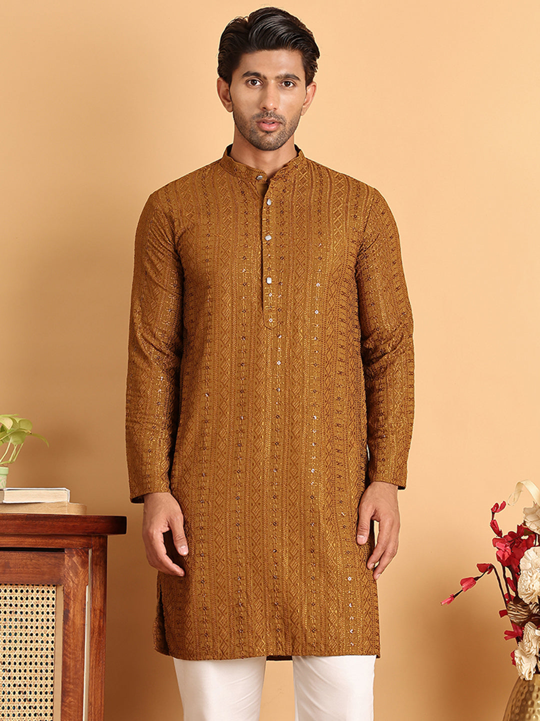 Embroidered Straight Kurtas For Men ( KO 5118Mustard )