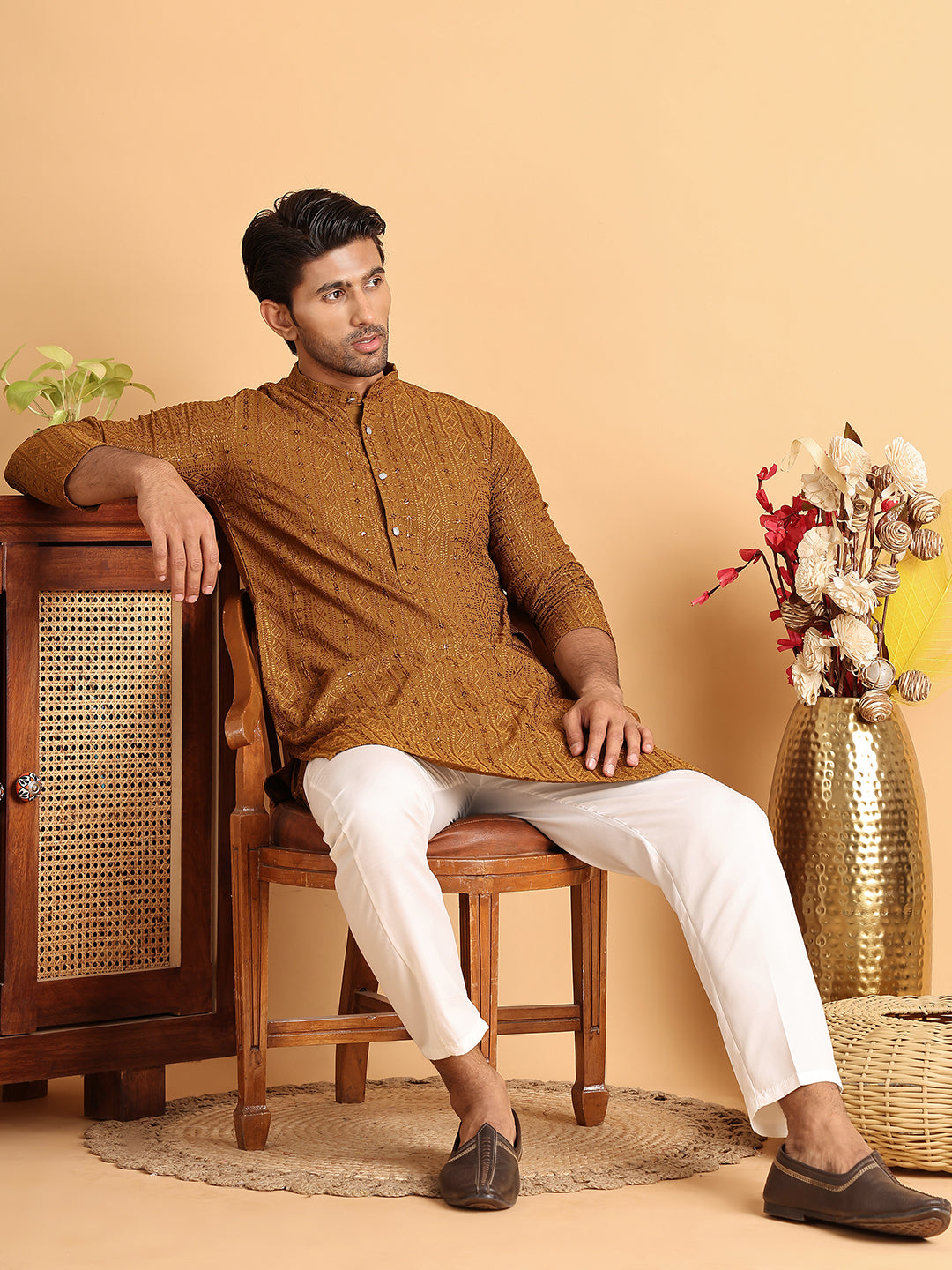 Embroidered Straight Kurtas For Men ( KO 5118Mustard )