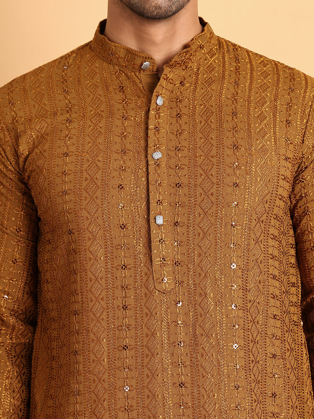 Embroidered Straight Kurtas For Men ( KO 5118Mustard )