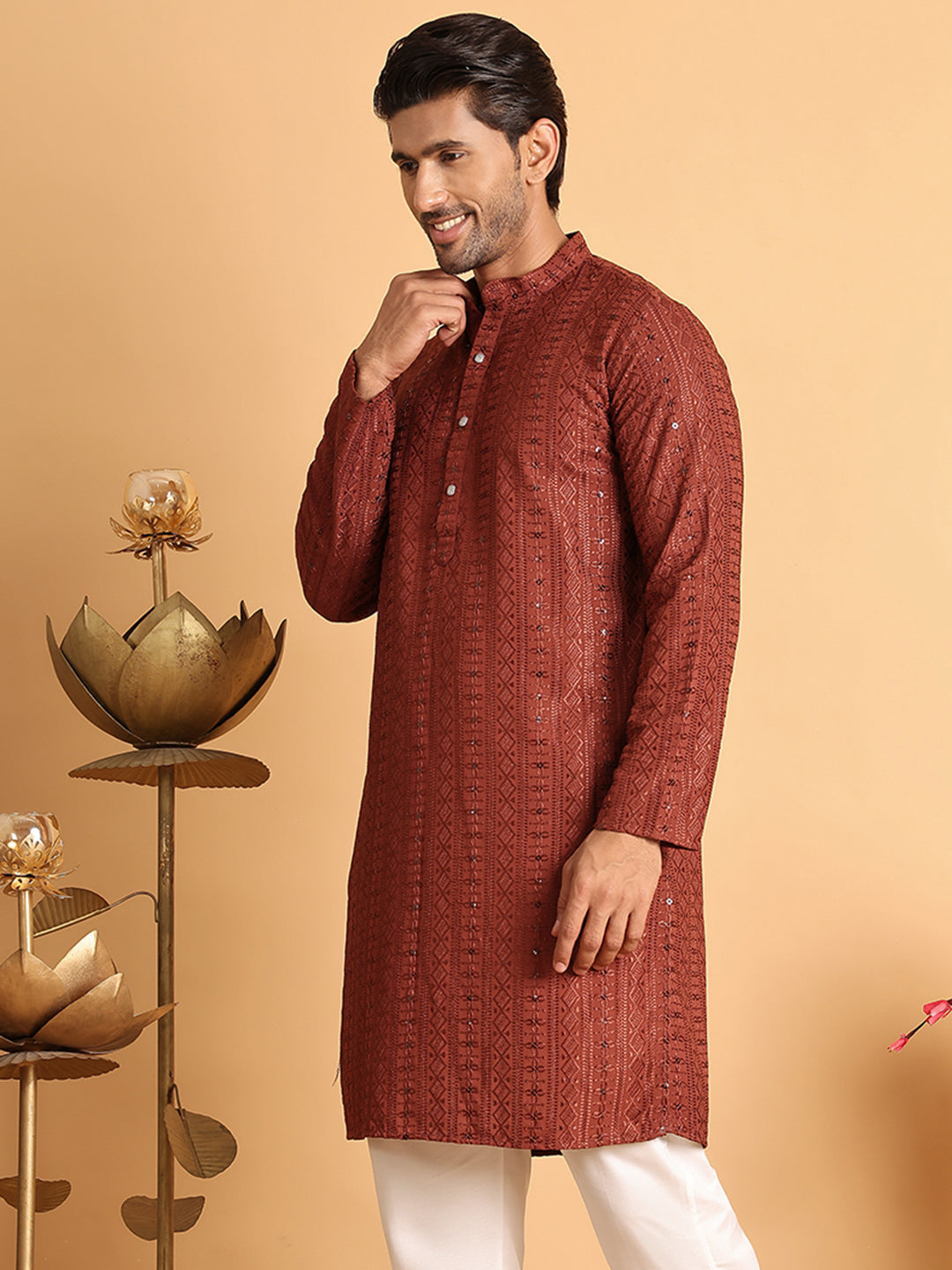 Embroidered Straight Kurtas For Men ( KO 5118Rust ) [FF] [P-19]