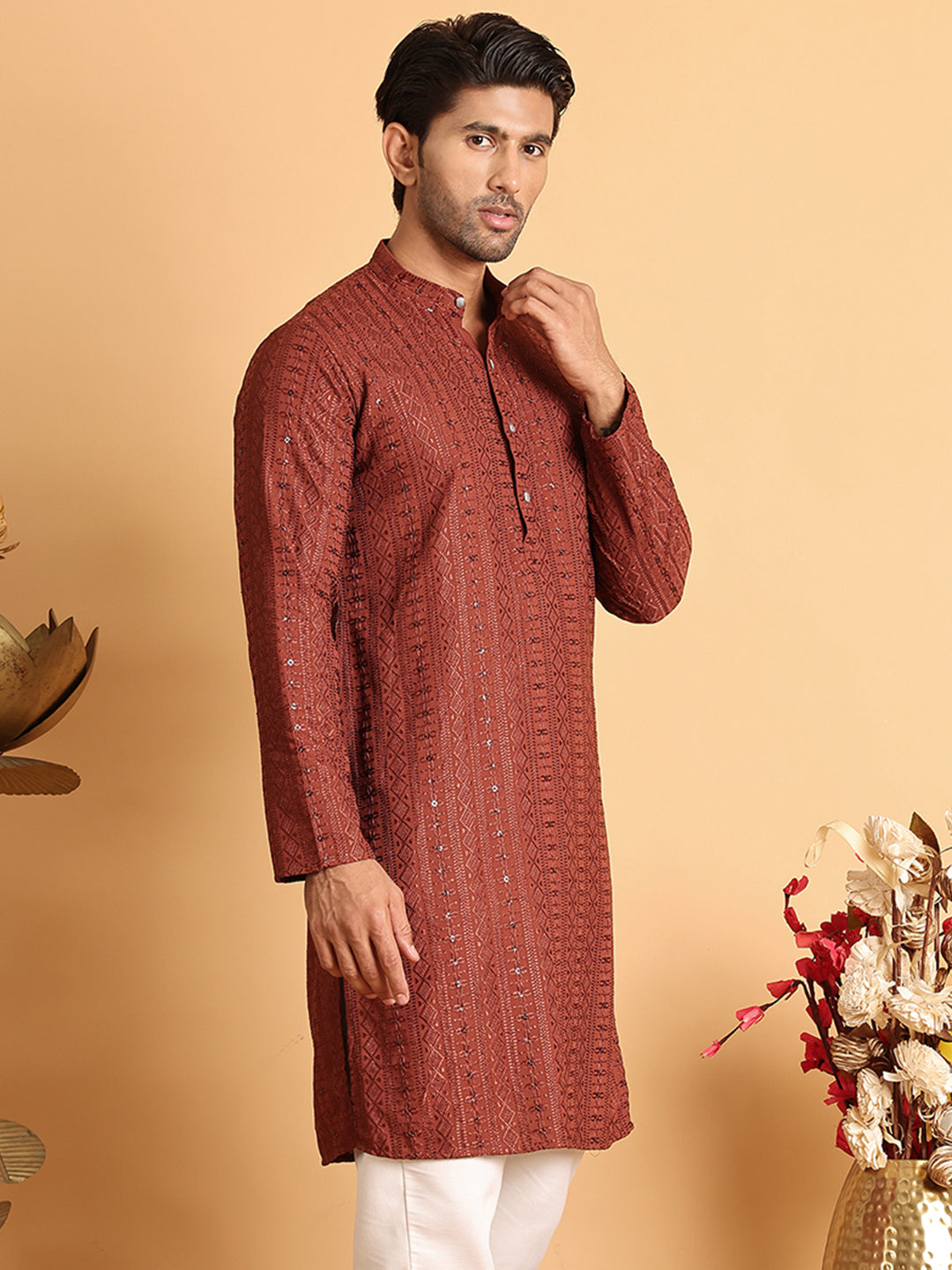 Embroidered Straight Kurtas For Men ( KO 5118Rust ) [FF] [P-19]