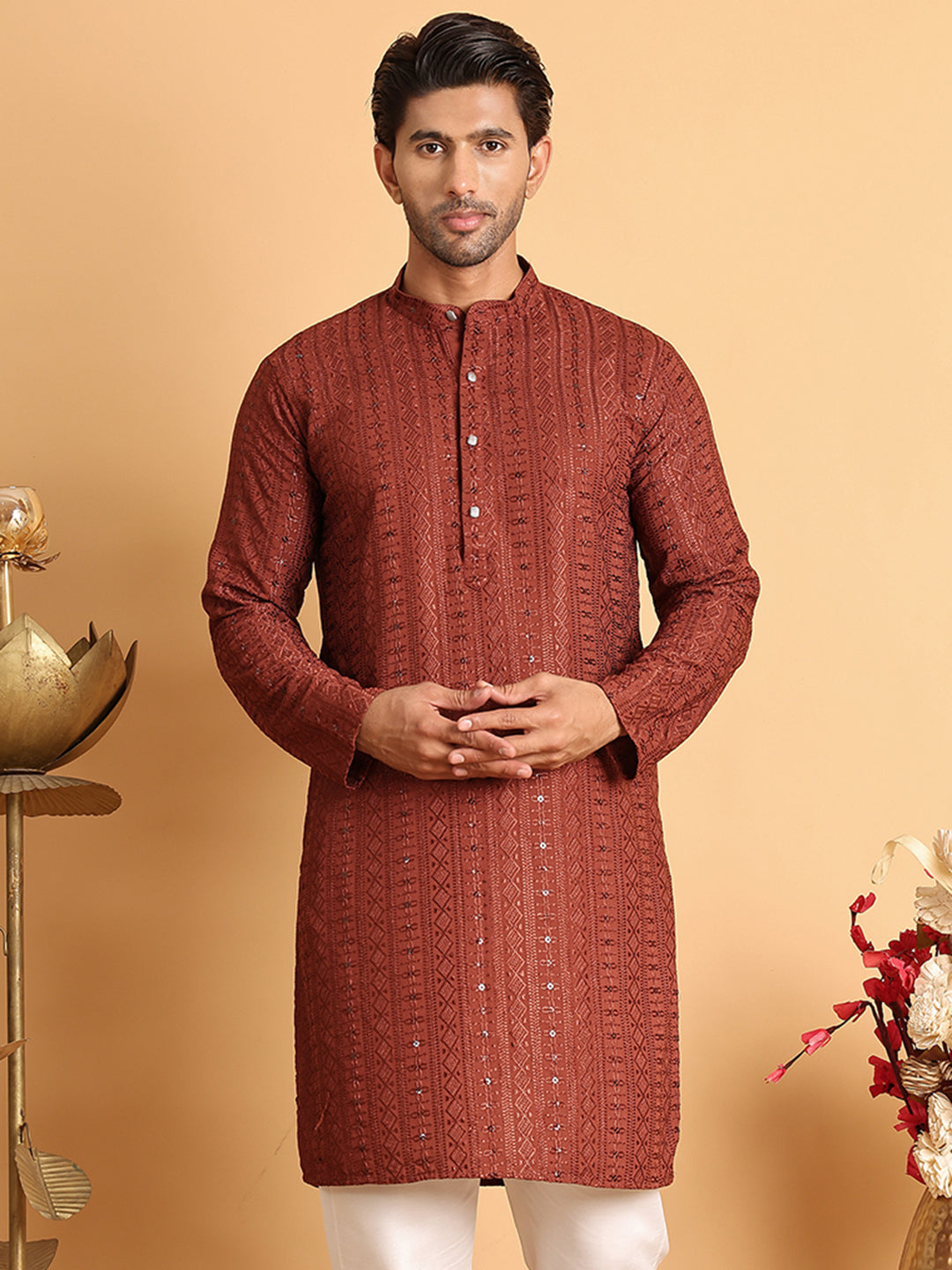 Embroidered Straight Kurtas For Men ( KO 5118Rust ) [FF] [P-19]
