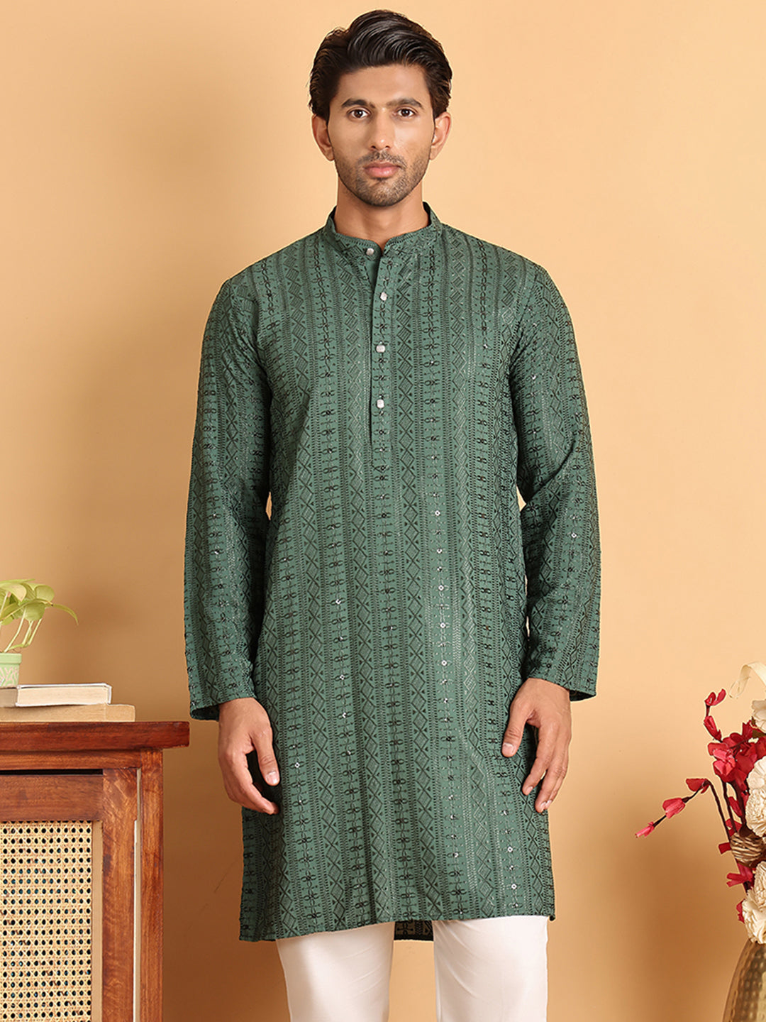Embroidered Straight Kurtas For Men ( KO 5118Sea-Green )