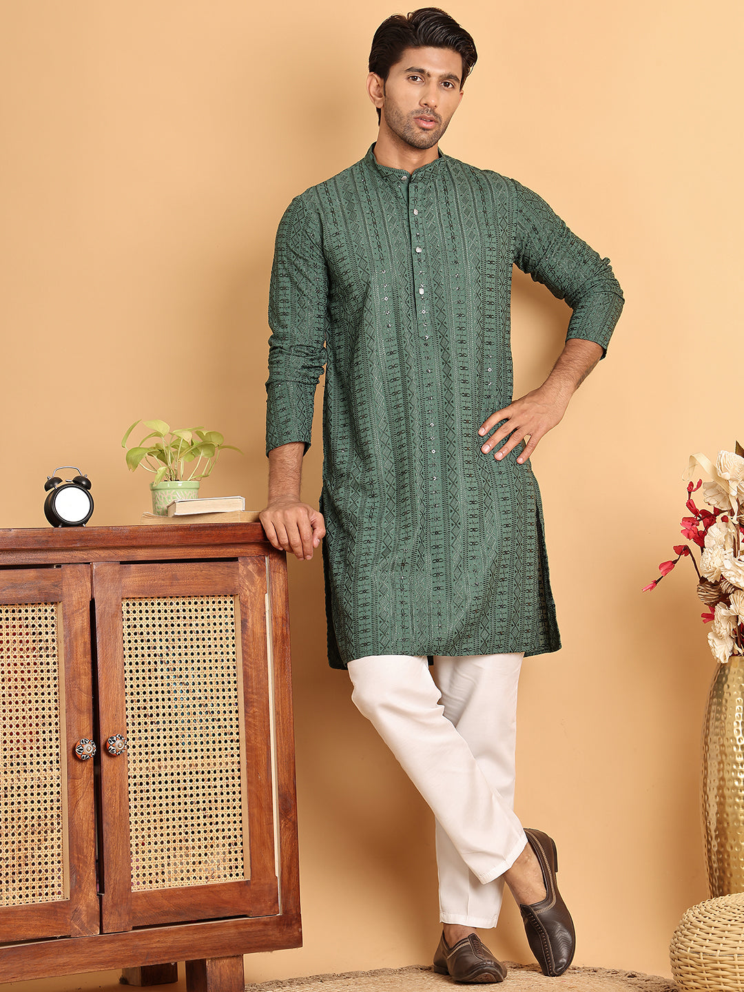 Embroidered Straight Kurtas For Men ( KO 5118Sea-Green )