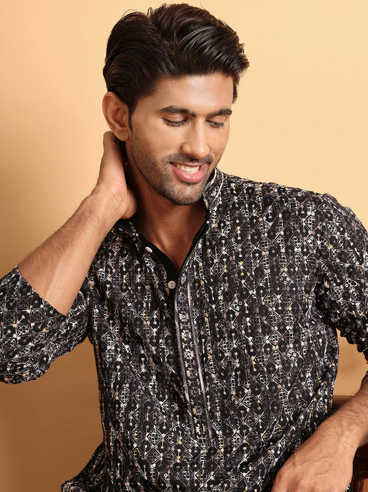 Embroidered Viscose Kurtas For Men ( KO 5122Black )