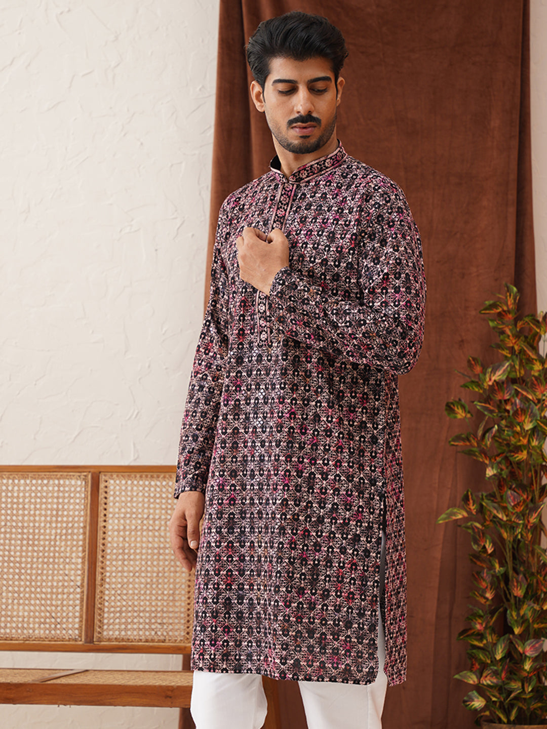 Embroidered Viscose Kurtas For Men ( KO 5122Peach )