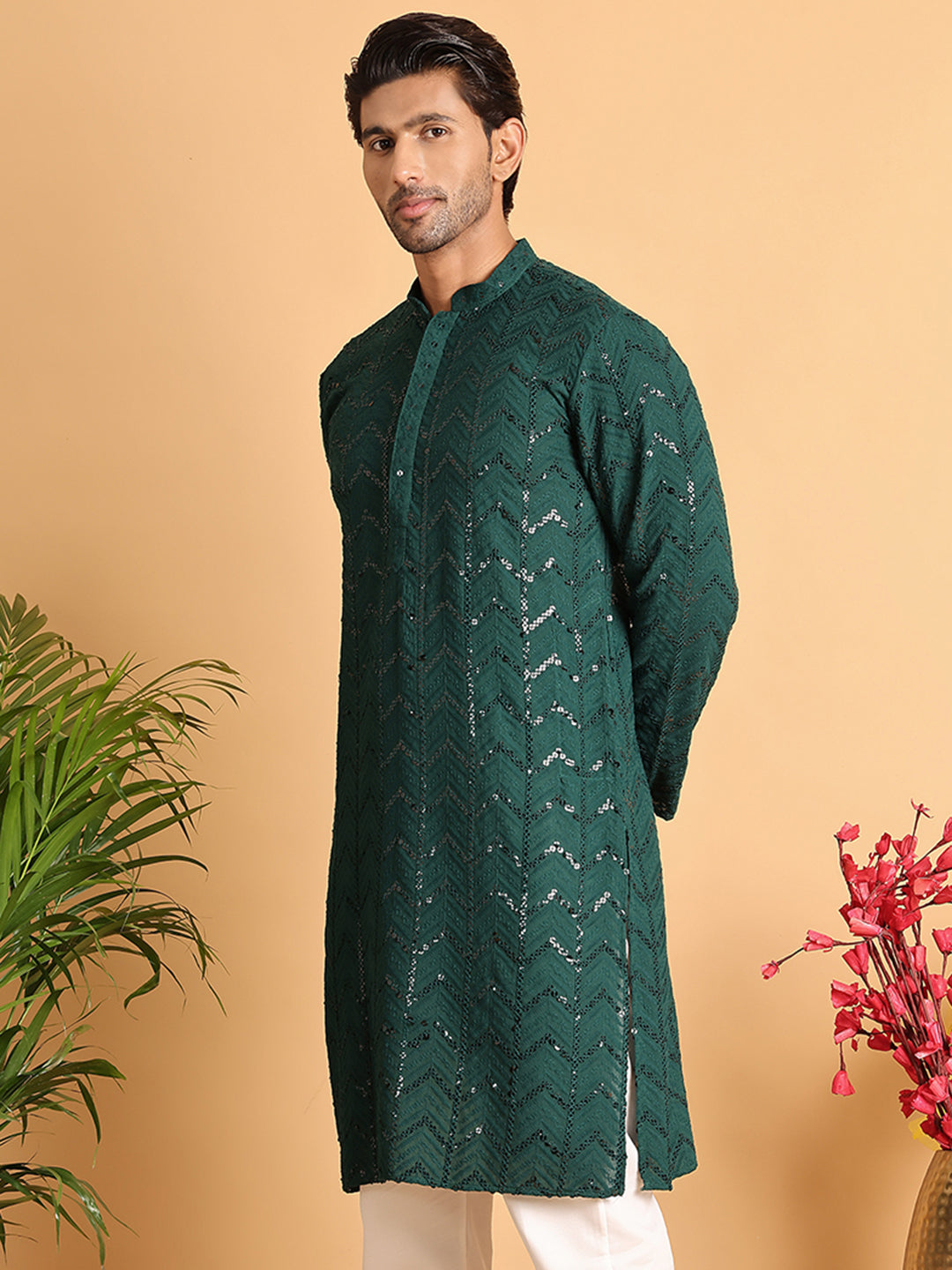 Embroidered Sequined Viscose Straight Kurta. ( KO 5125Olive ) [FF] [A-9-10]