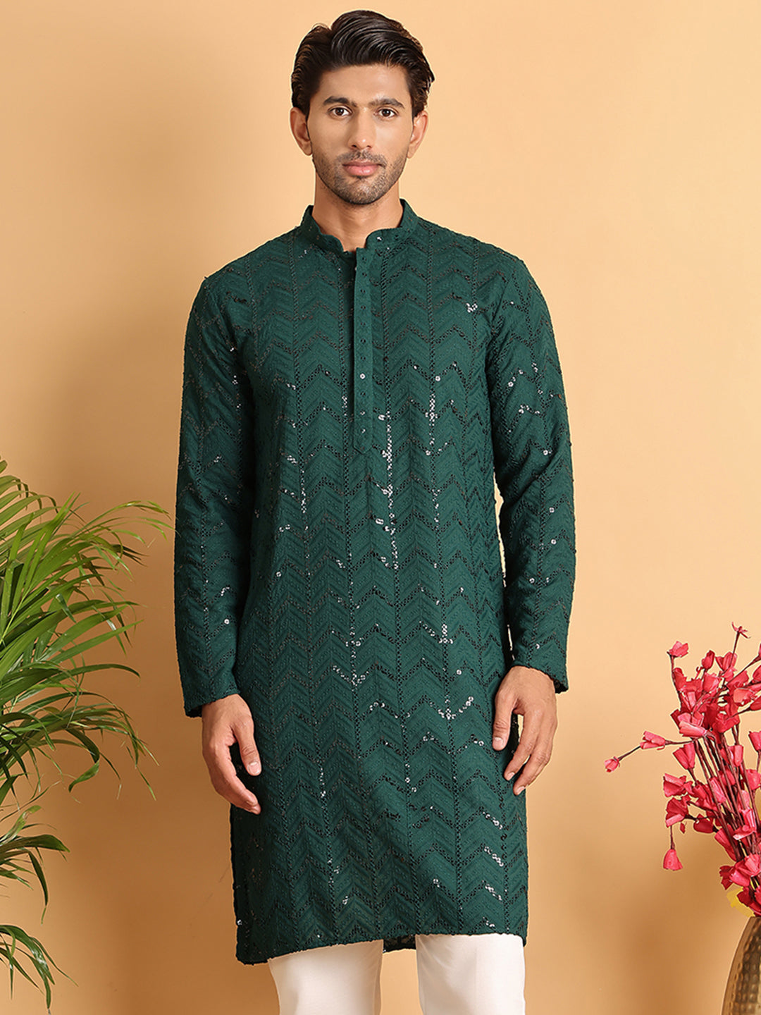 Embroidered Sequined Viscose Straight Kurta. ( KO 5125Olive ) [FF] [A-9-10]