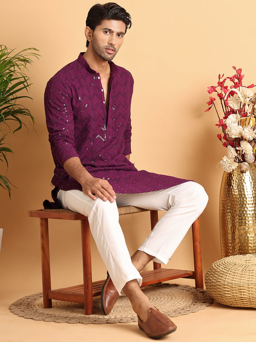 Embroidered Sequined Viscose Straight Kurta. ( KO 5125Purple )