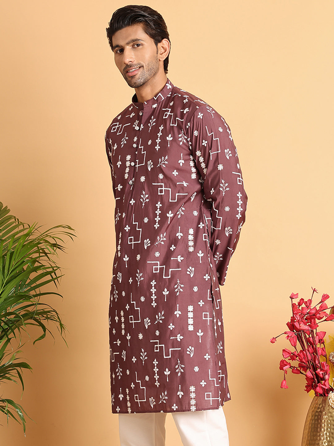 Embroidered Silk Blend Straight Kurta. ( KO 5126Brown )
