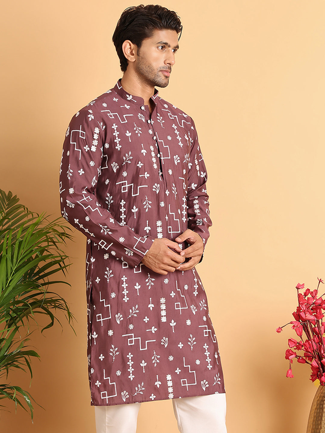 Embroidered Silk Blend Straight Kurta. ( KO 5126Brown )