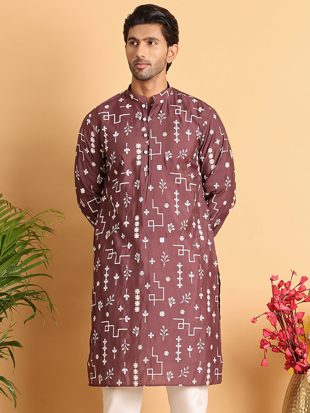Embroidered Silk Blend Straight Kurta. ( KO 5126Brown )