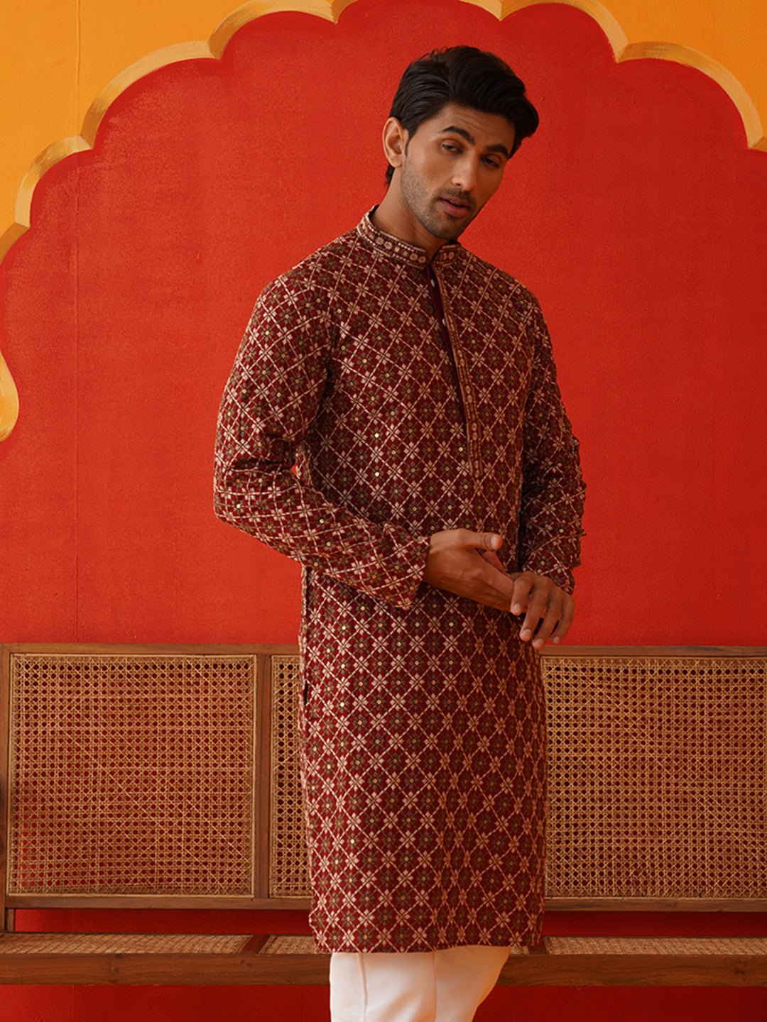 Embroidered Kurtas For Men ( KO 5127Maroon )