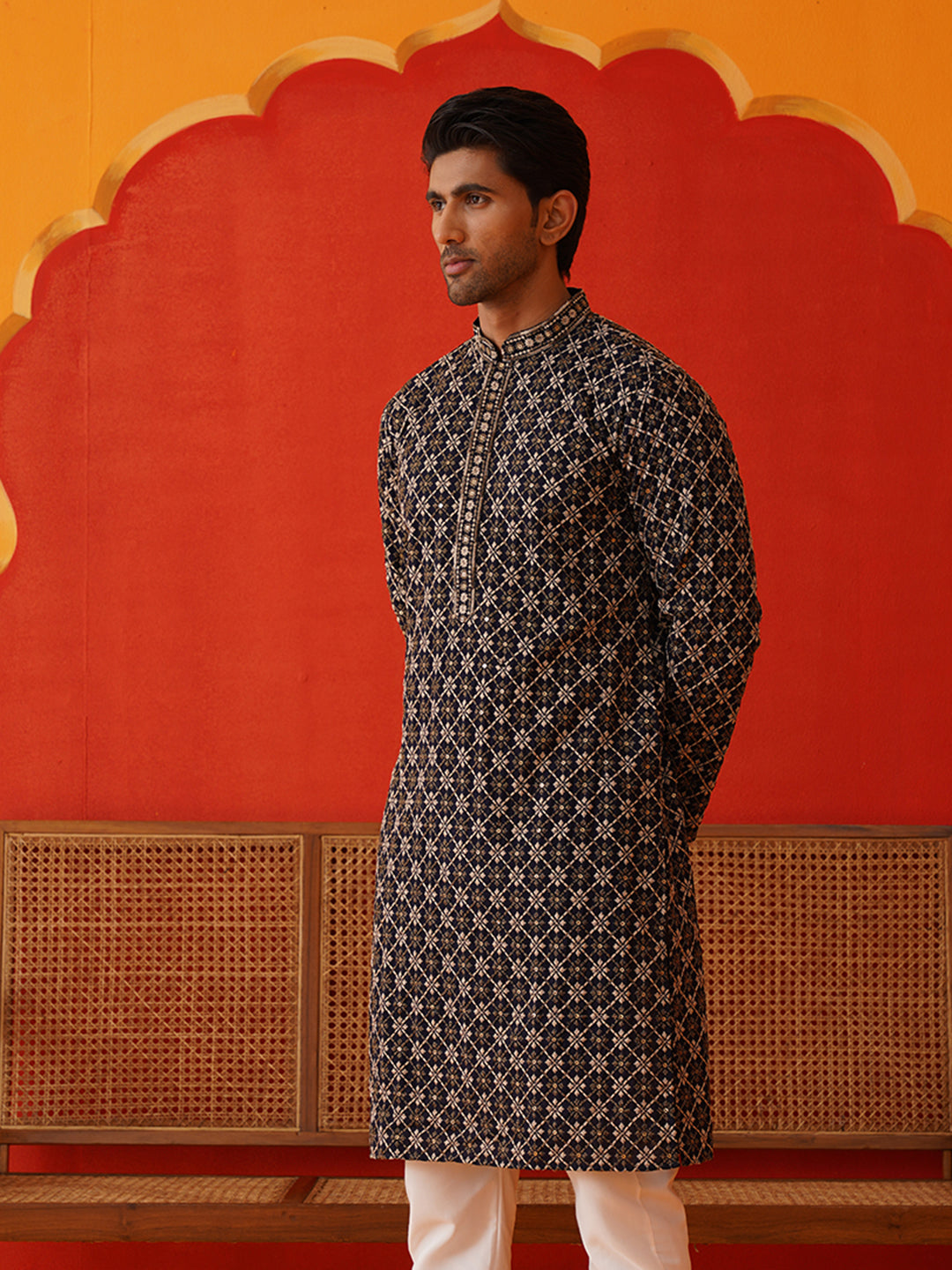 Embroidered Kurtas For Men ( KO 5127Navy )