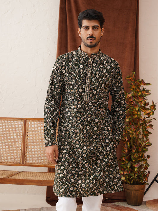 Embroidered Kurtas For Men ( KO 5127Olive )