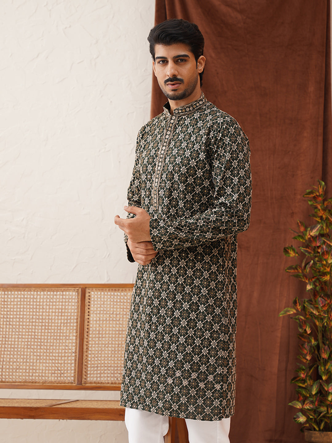 Embroidered Kurtas For Men ( KO 5127Olive )