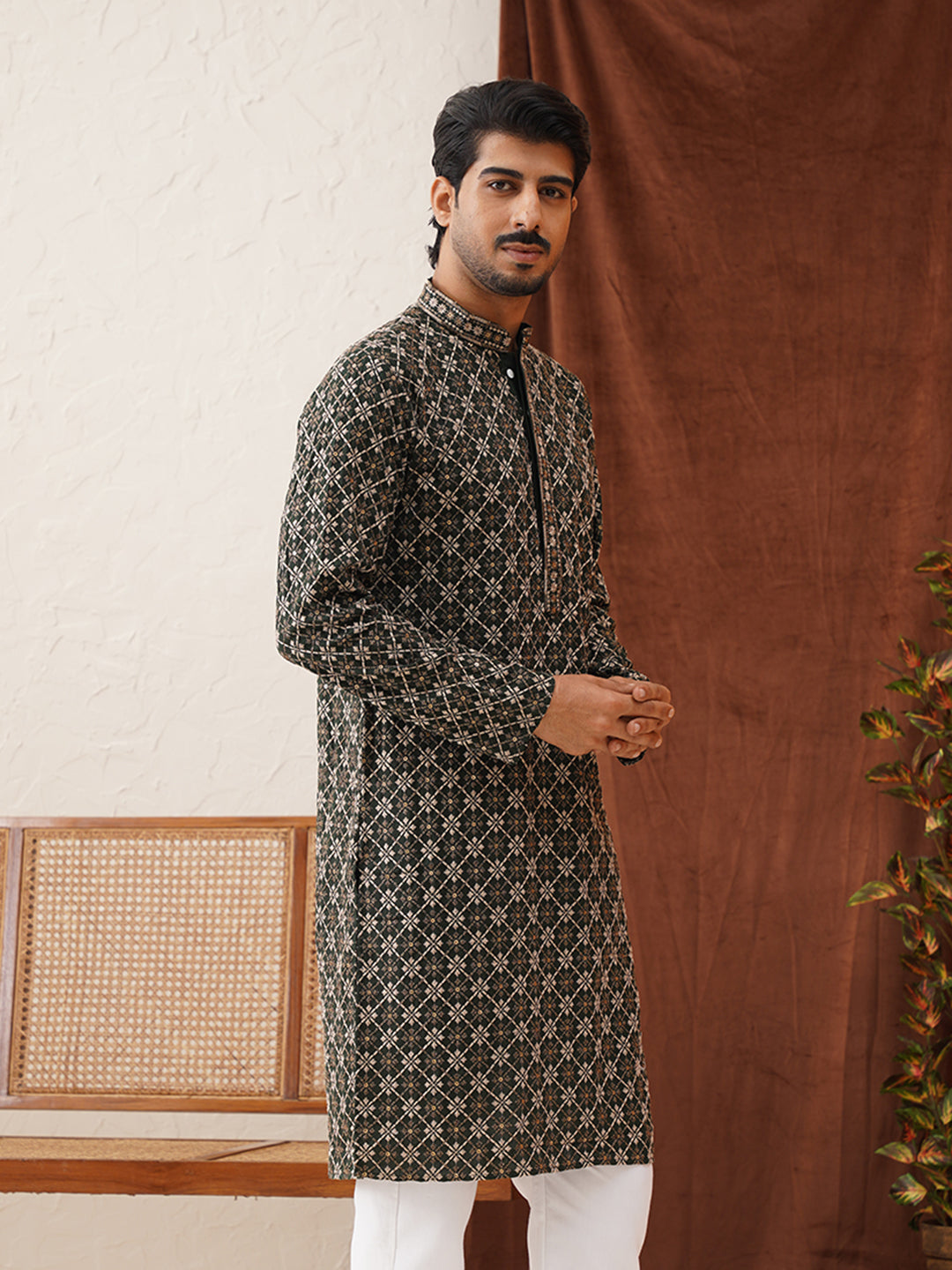 Embroidered Kurtas For Men ( KO 5127Olive )
