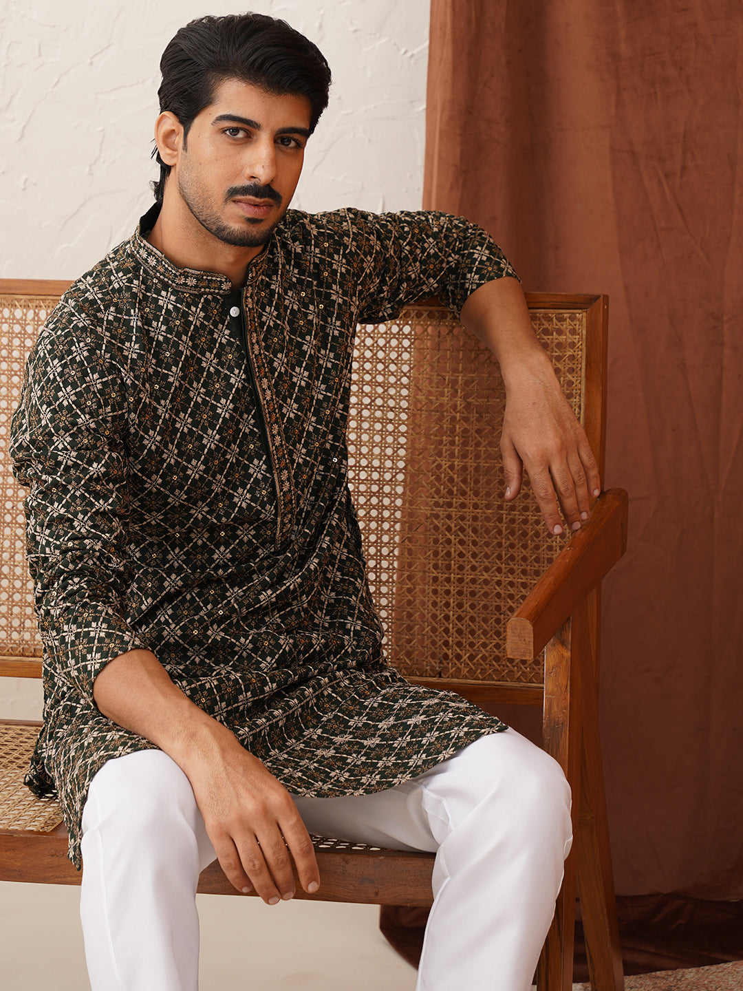 Embroidered Kurtas For Men ( KO 5127Olive )
