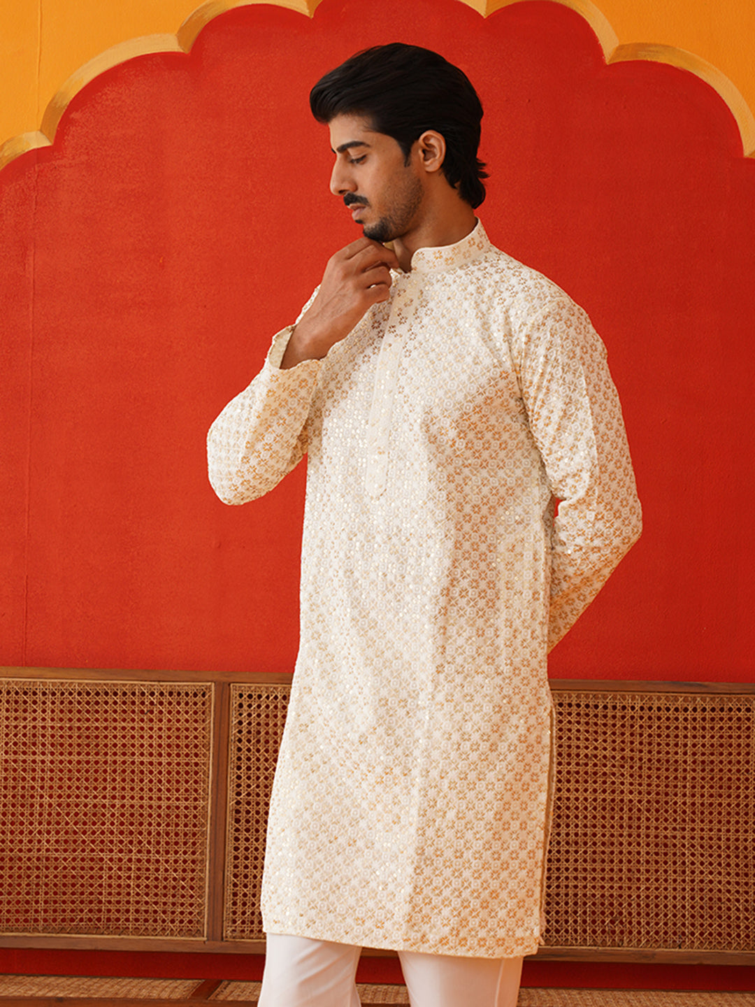 Sequins & Embroidered Kurtas For Men ( KO 5128Cream )