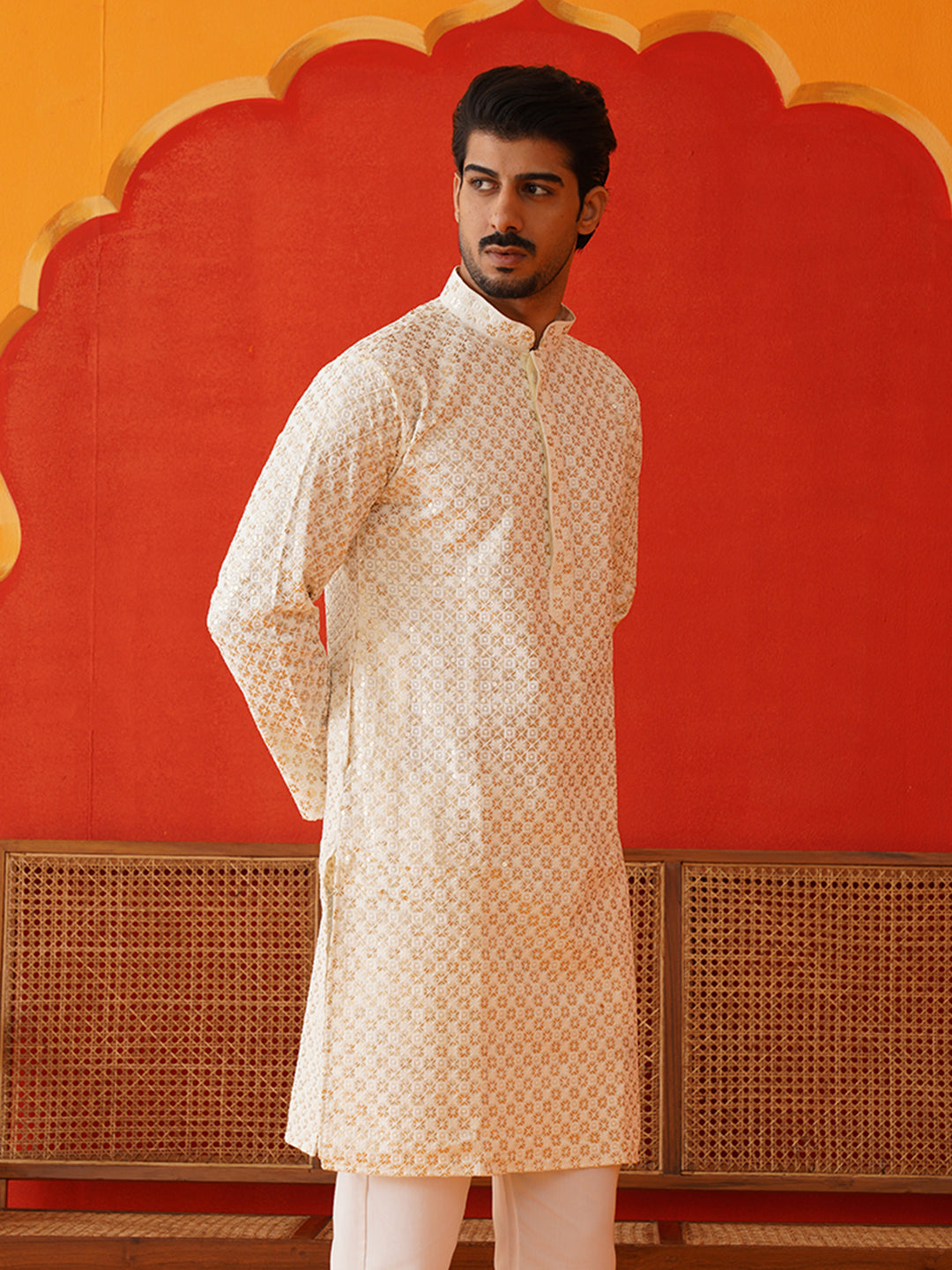 Sequins & Embroidered Kurtas For Men ( KO 5128Cream )