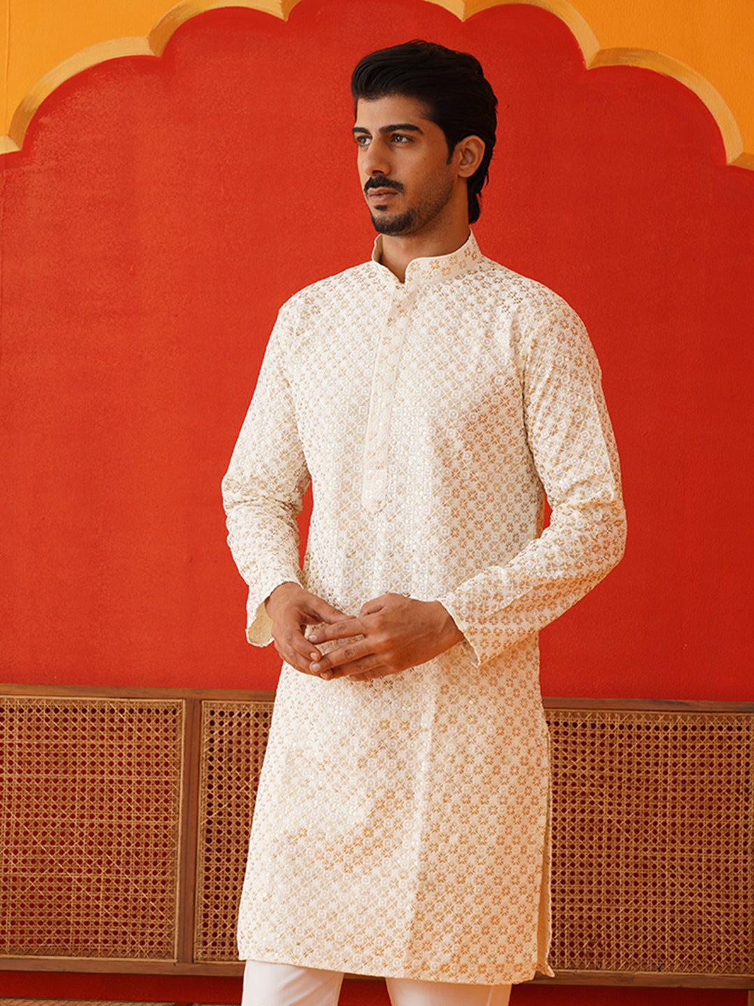 Sequins & Embroidered Kurtas For Men ( KO 5128Cream )