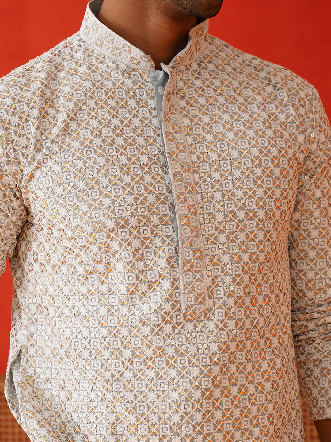 Sequins & Embroidered Kurtas For Men ( KO 5128Grey )