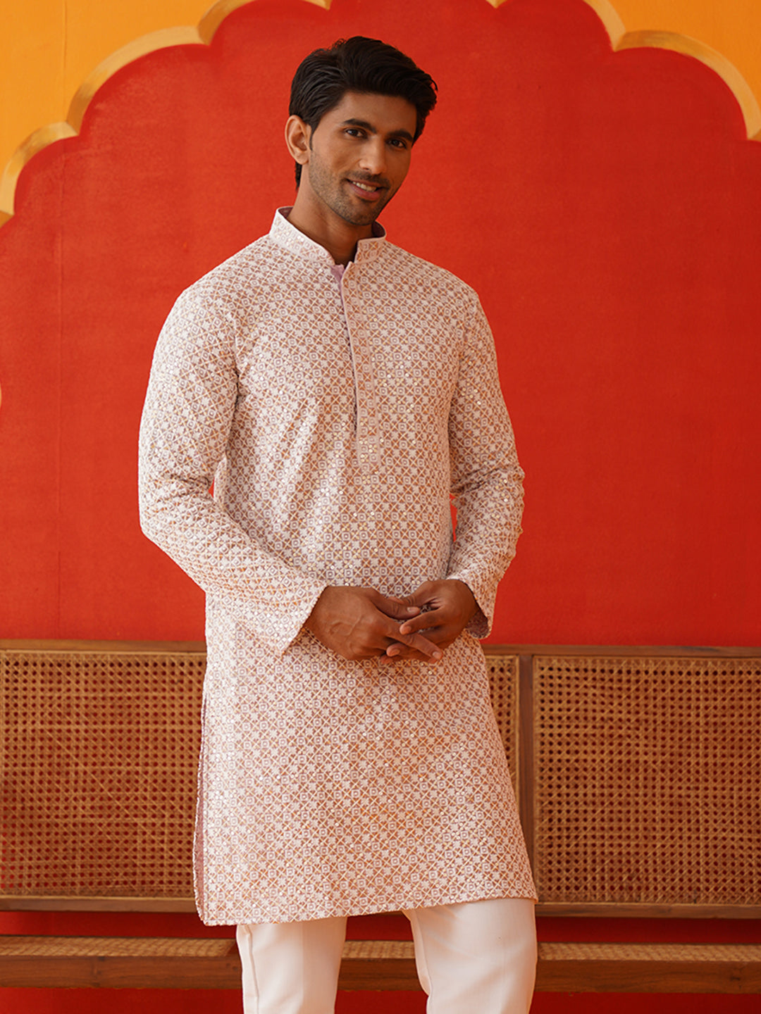 Sequins & Embroidered Kurtas For Men ( KO 5128Pink )