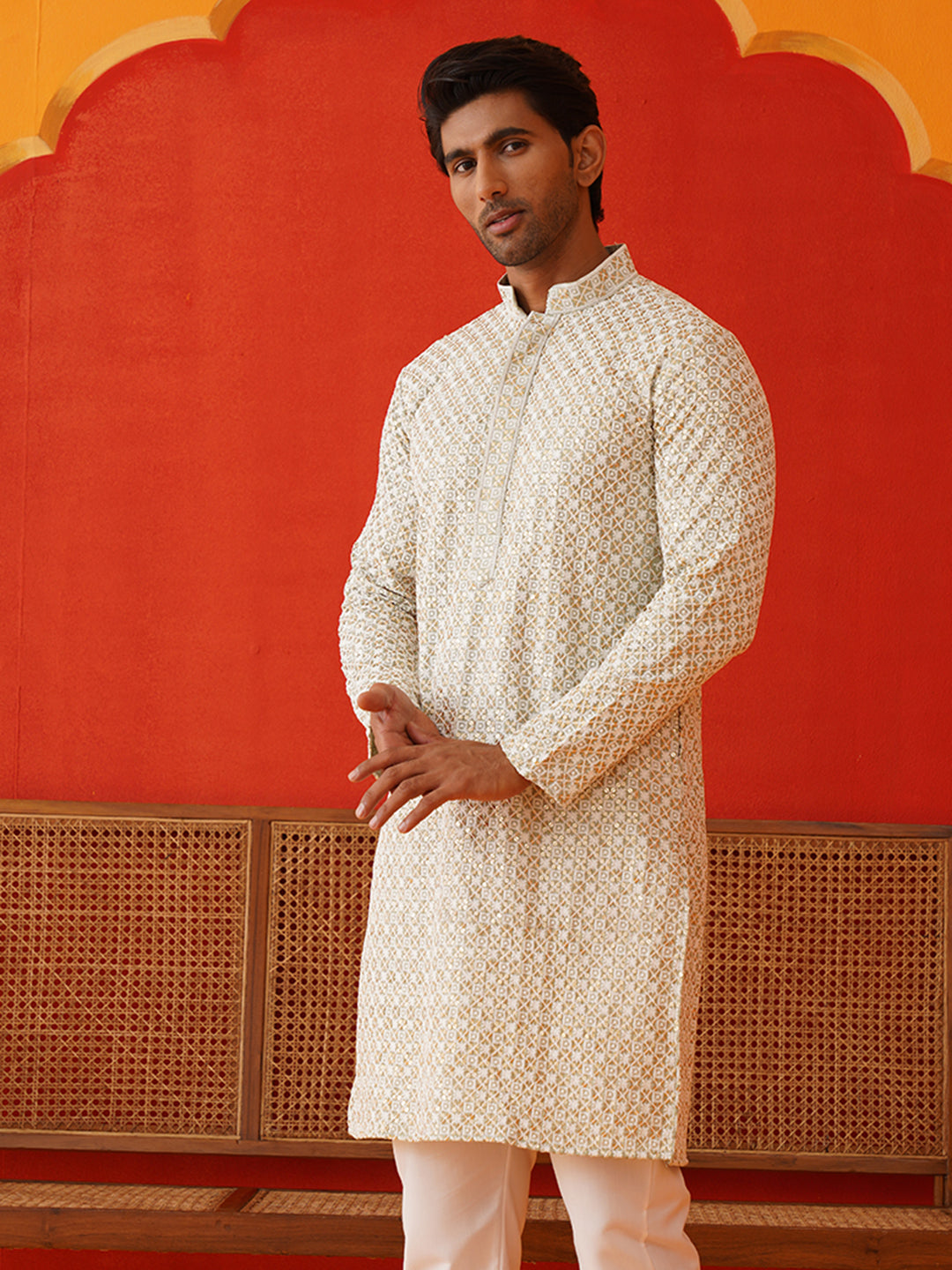 Sequins & Embroidered Kurtas For Men ( KO 5128Pista )