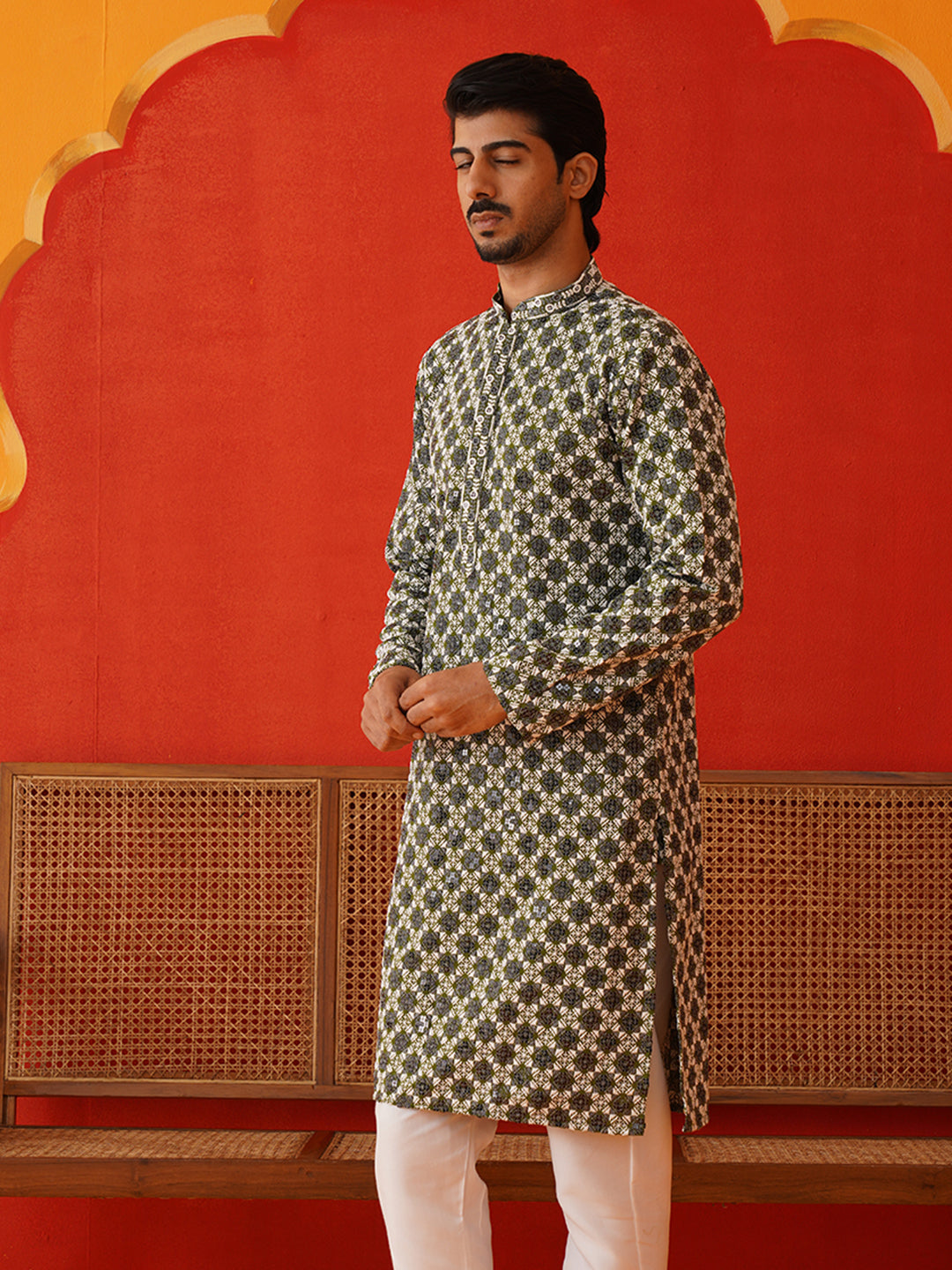 Viscose Embroidered Kurtas For Men ( KO 5129Olive )