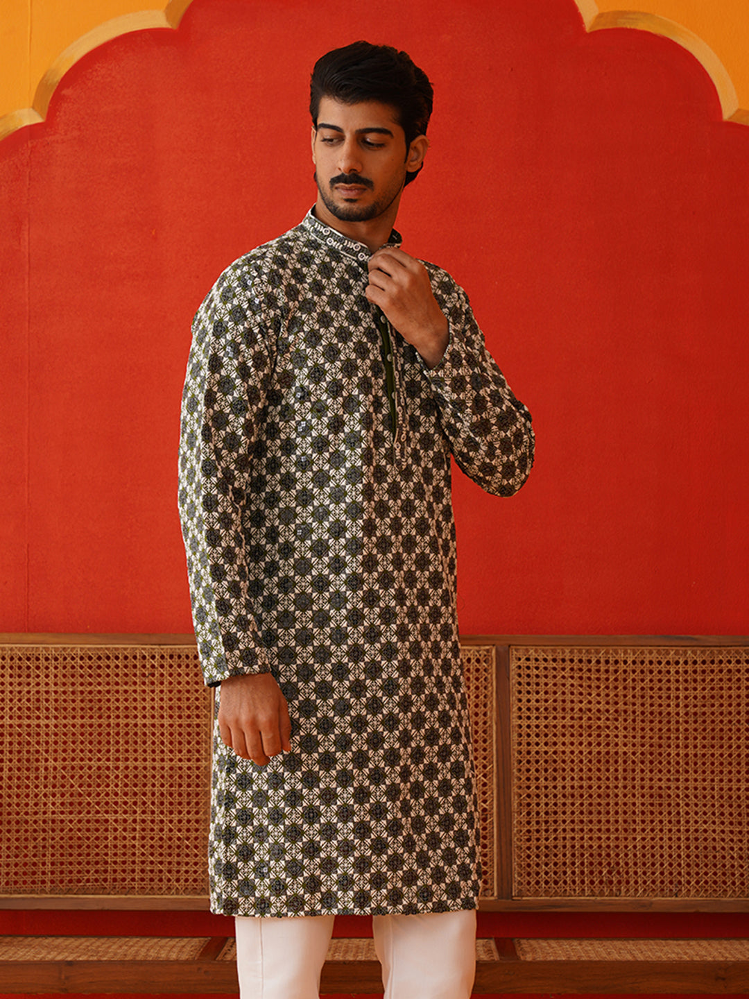 Viscose Embroidered Kurtas For Men ( KO 5129Olive )