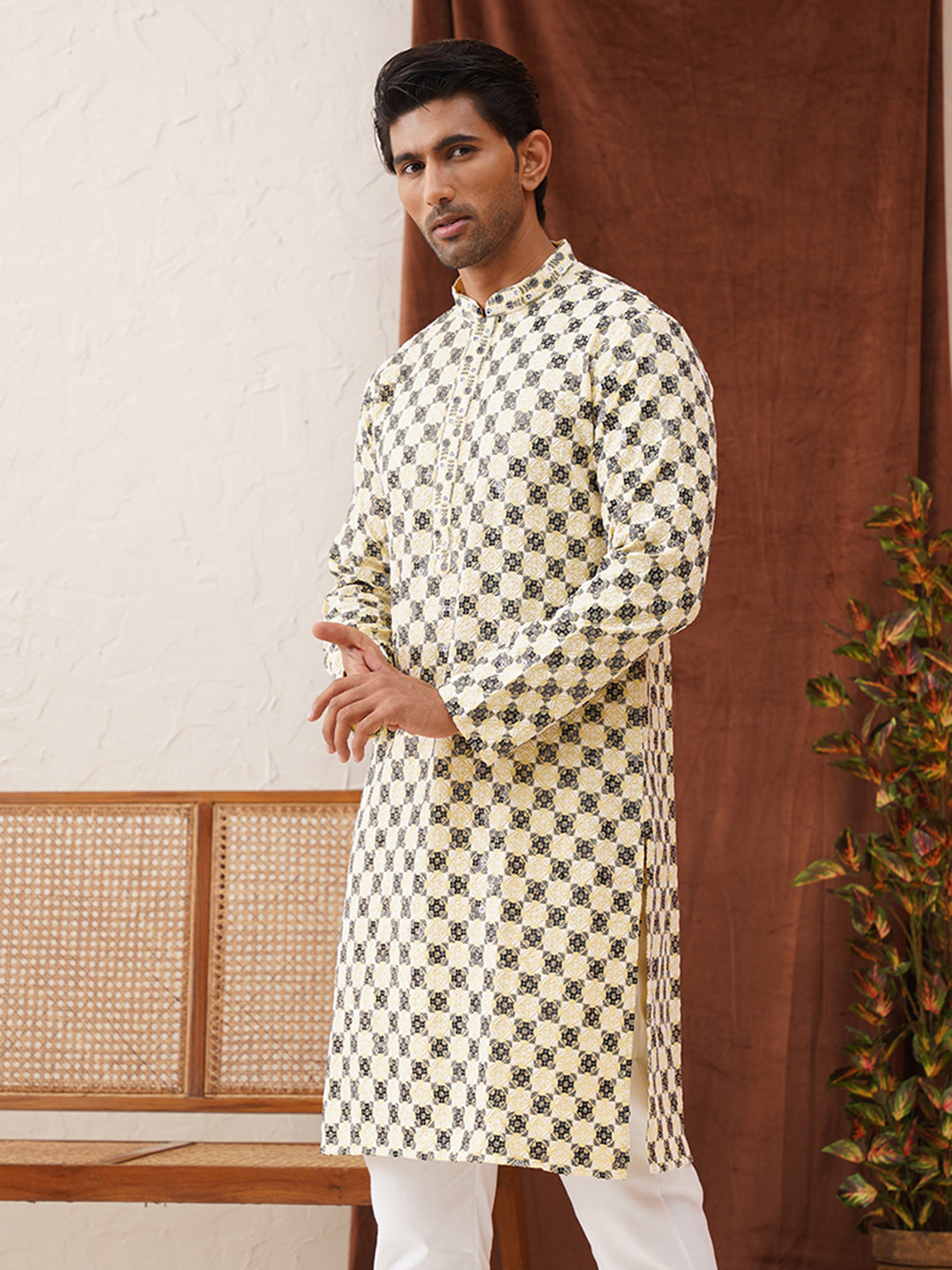 Viscose Embroidered Kurtas For Men ( KO 5129Yellow )