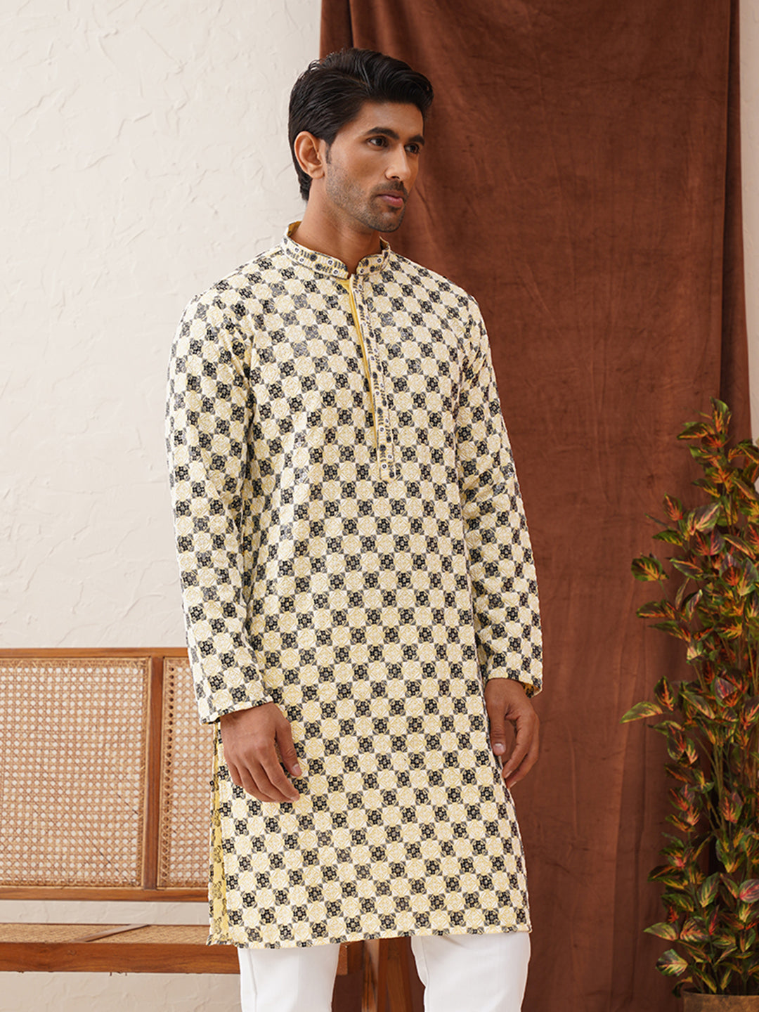 Viscose Embroidered Kurtas For Men ( KO 5129Yellow )