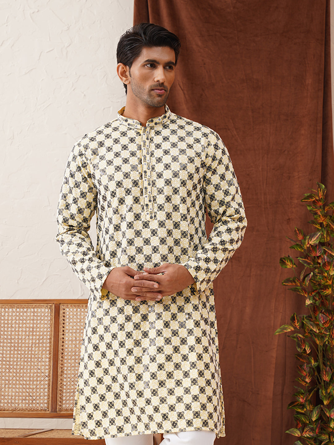 Viscose Embroidered Kurtas For Men ( KO 5129Yellow )