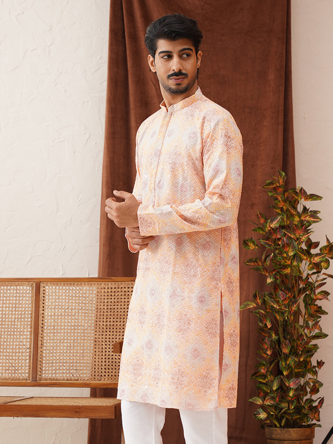 Embroidered Staight Kurtas For Men ( KO 5130Peach )