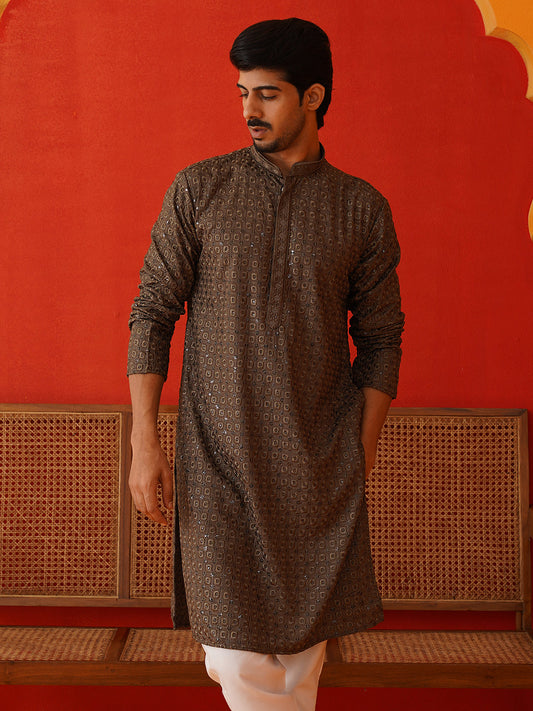 Embroidered Chikankari and Sequence Kurtas For Men ( KO 5131Dark-Grey )