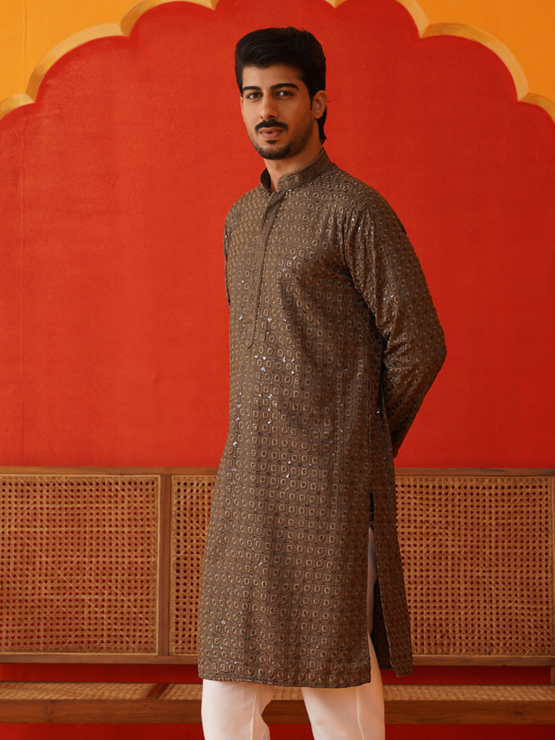 Embroidered Chikankari and Sequence Kurtas For Men ( KO 5131Dark-Grey )