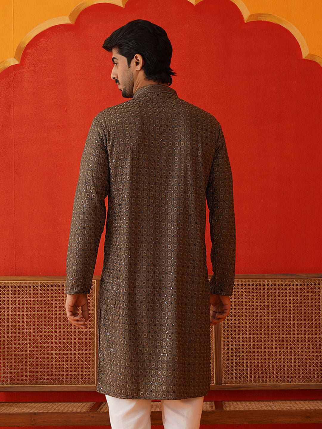 Embroidered Chikankari and Sequence Kurtas For Men ( KO 5131Dark-Grey )