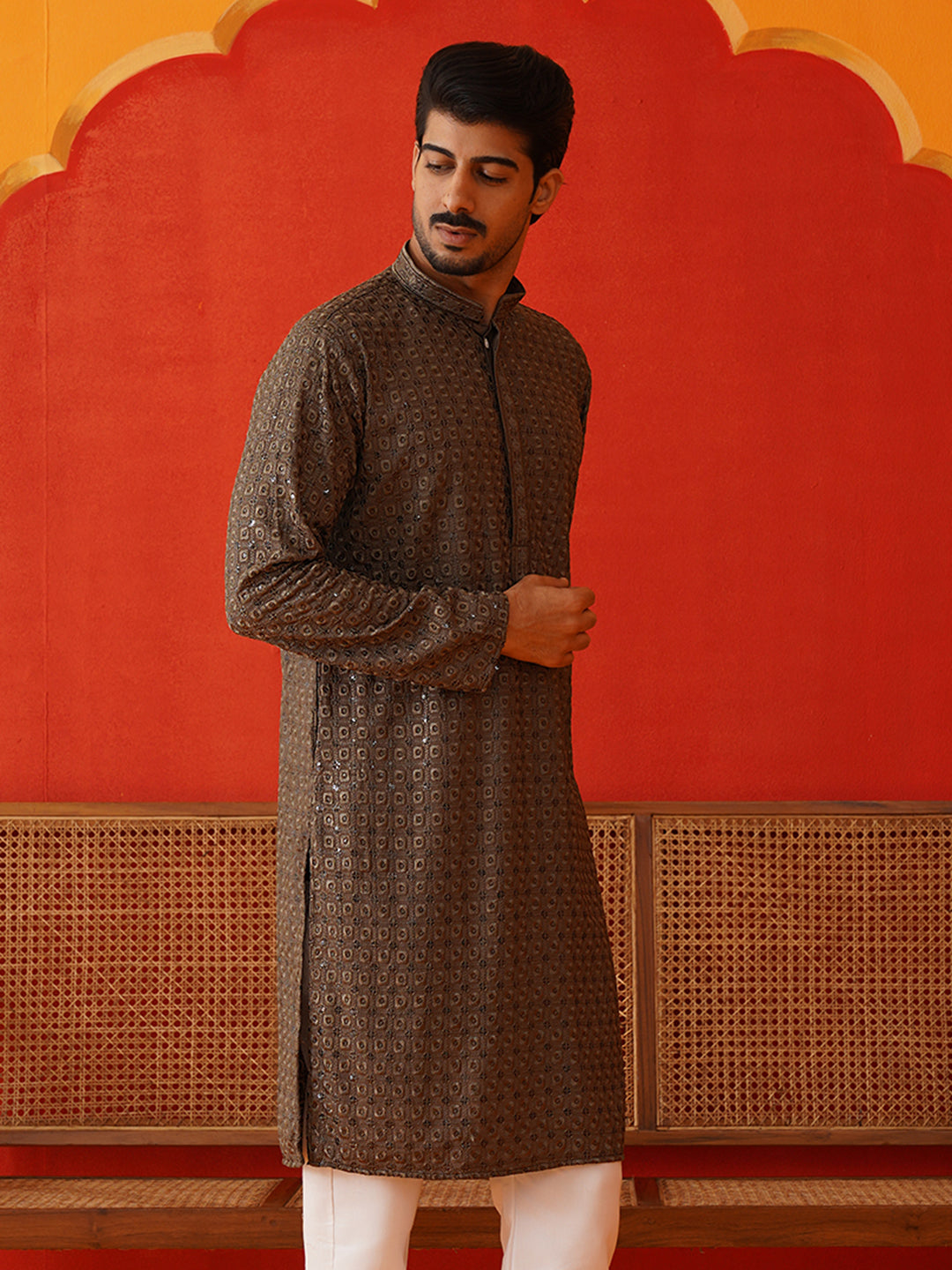 Embroidered Chikankari and Sequence Kurtas For Men ( KO 5131Dark-Grey )