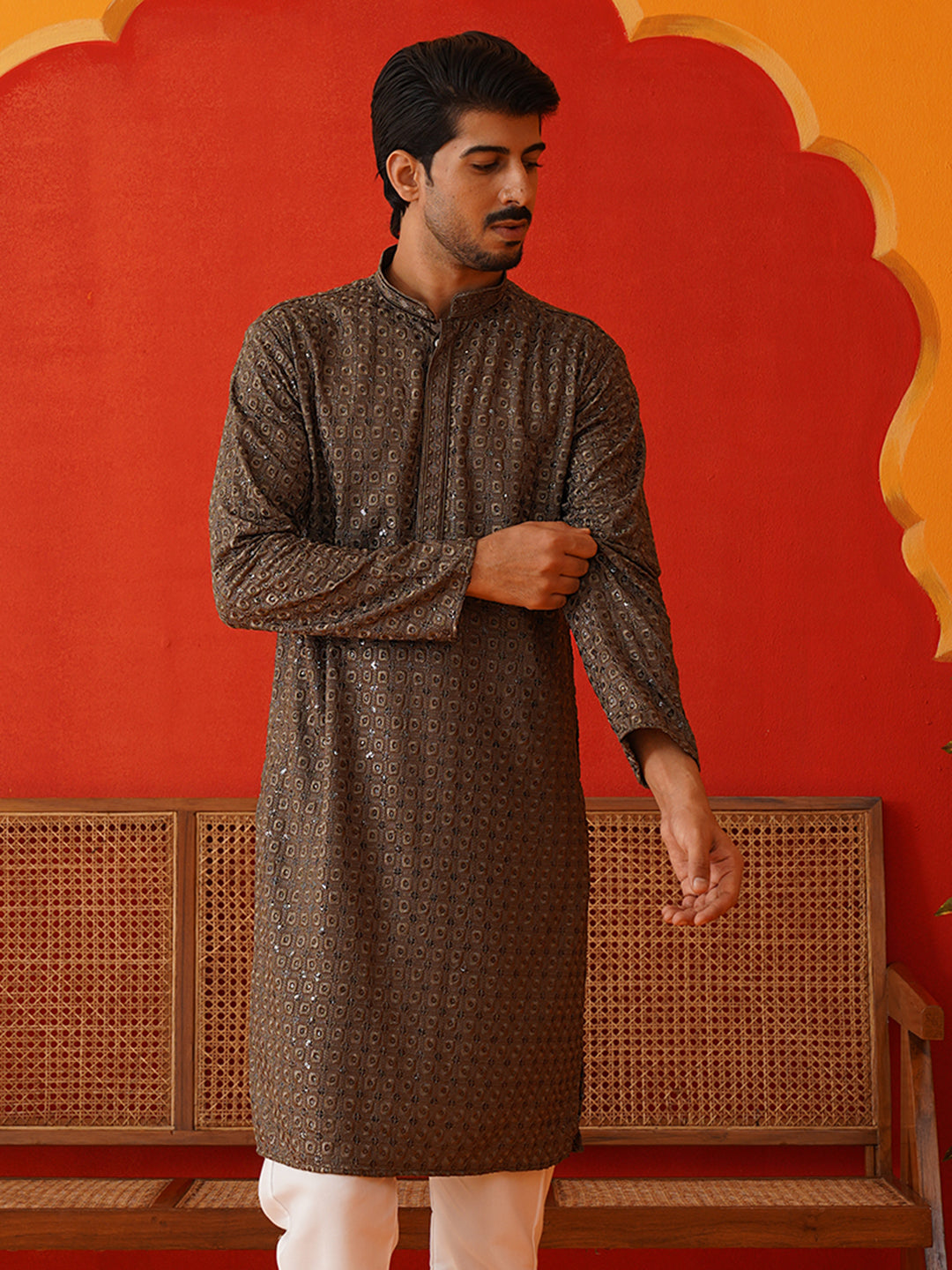 Embroidered Chikankari and Sequence Kurtas For Men ( KO 5131Dark-Grey )