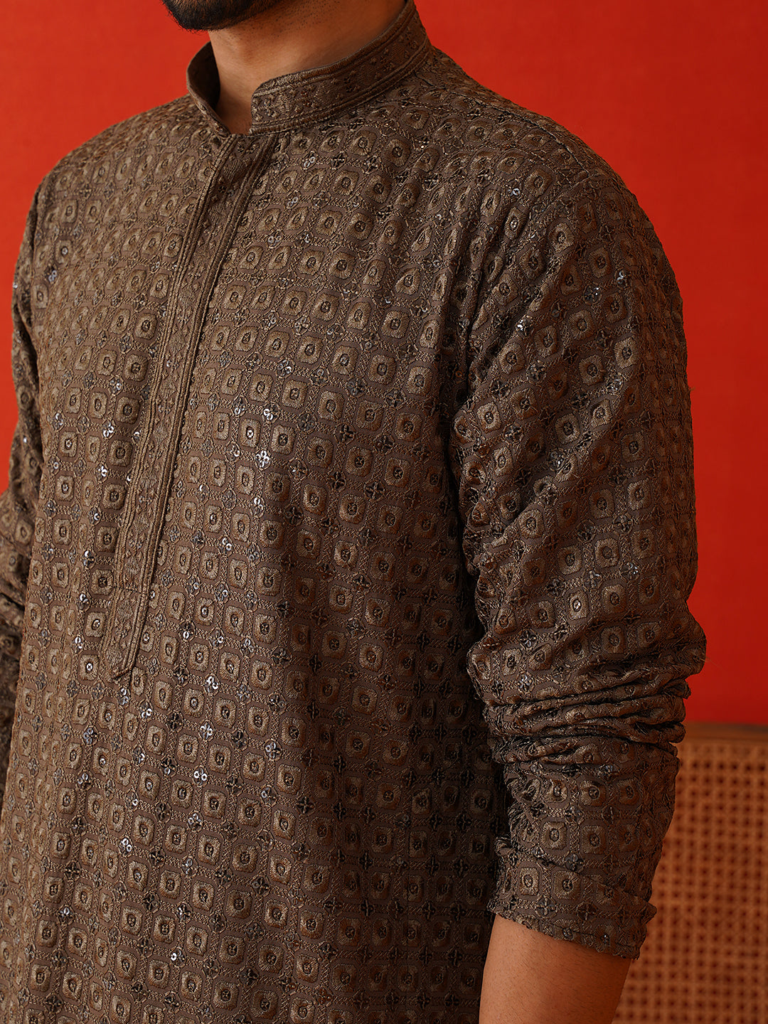 Embroidered Chikankari and Sequence Kurtas For Men ( KO 5131Dark-Grey )