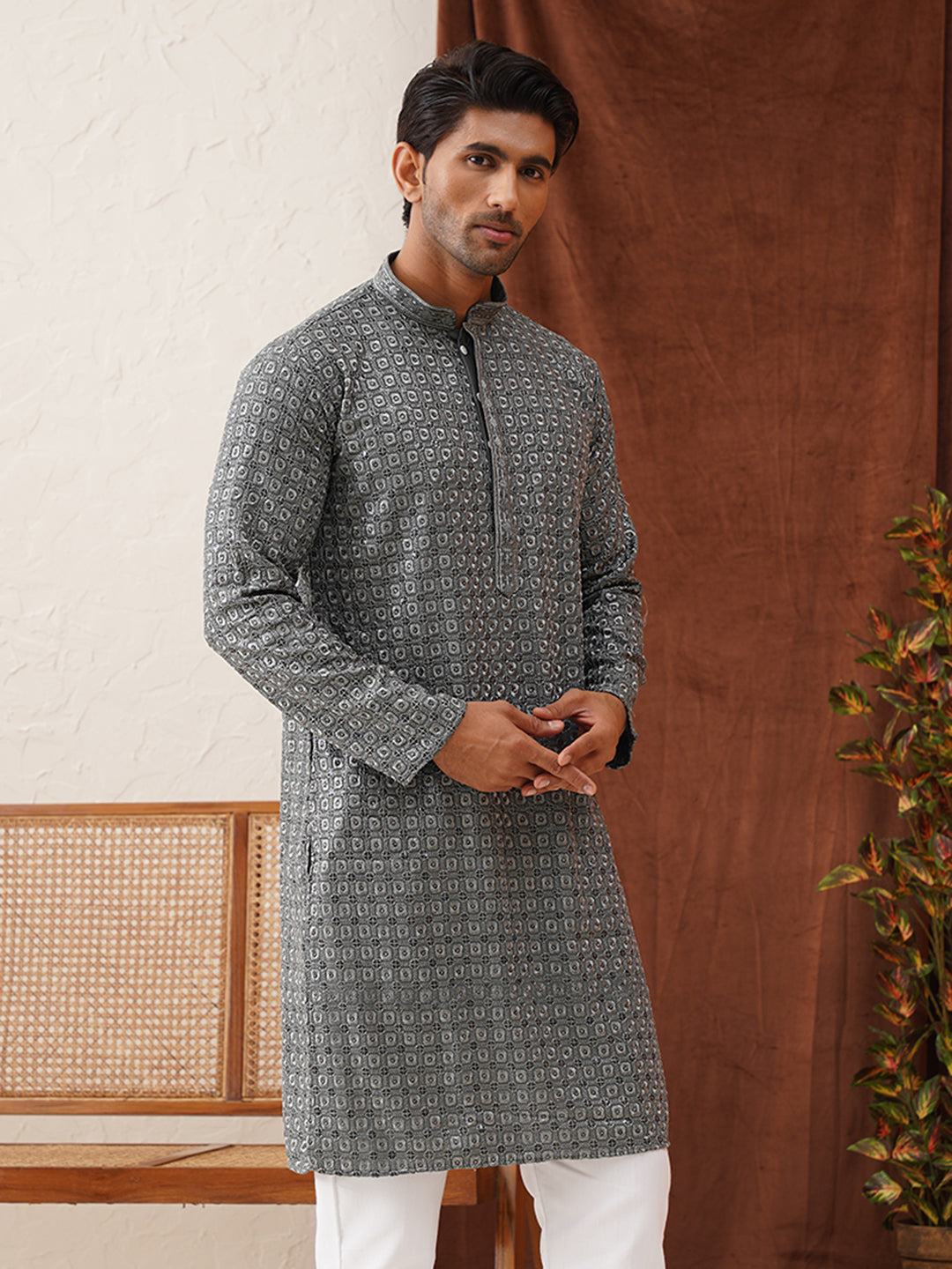 Embroidered Chikankari and Sequence Kurtas For Men ( KO 5131Grey )