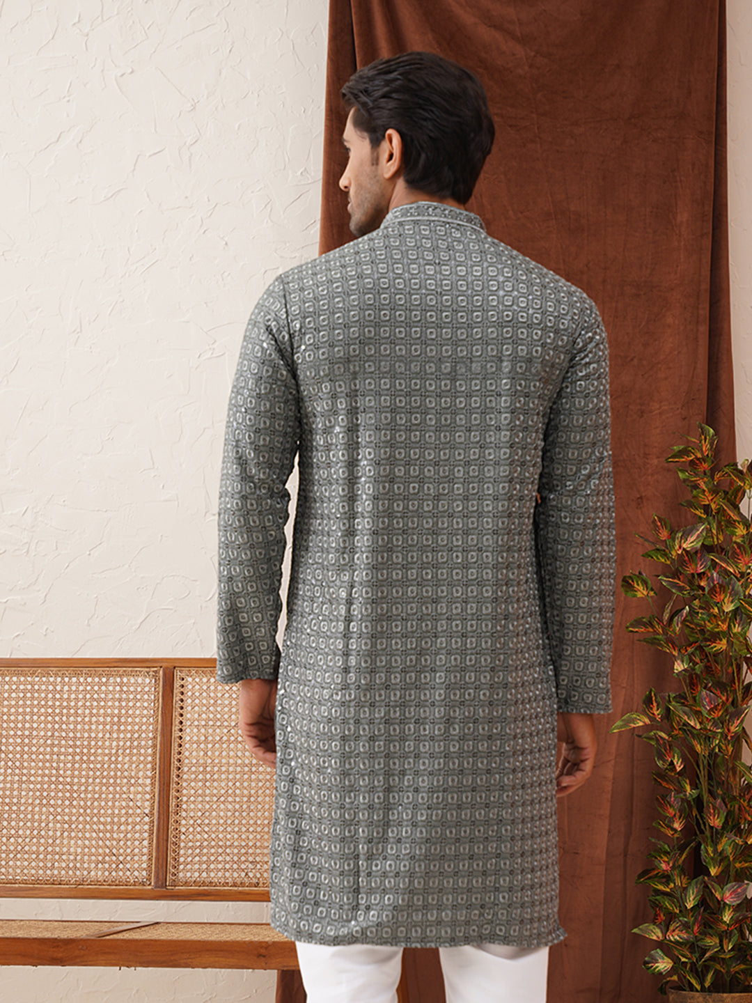 Embroidered Chikankari and Sequence Kurtas For Men ( KO 5131Grey )