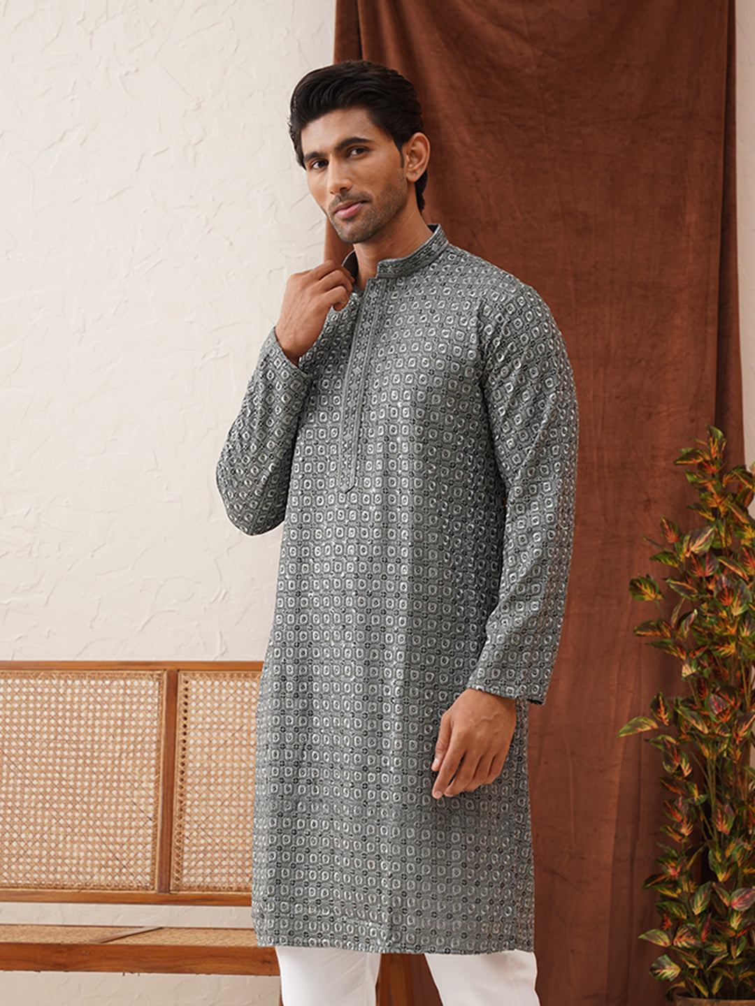 Embroidered Chikankari and Sequence Kurtas For Men ( KO 5131Grey )