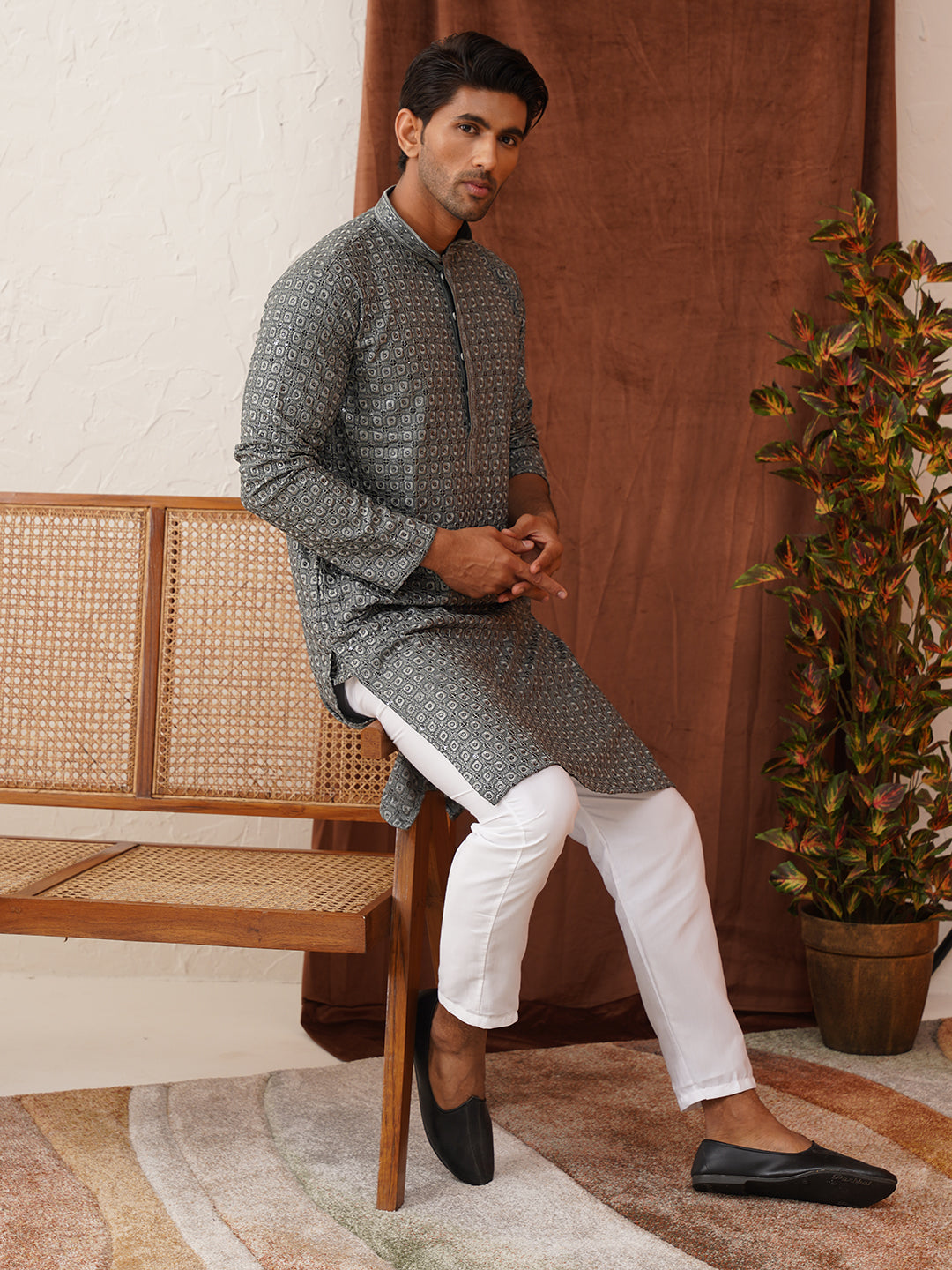 Embroidered Chikankari and Sequence Kurtas For Men ( KO 5131Grey )