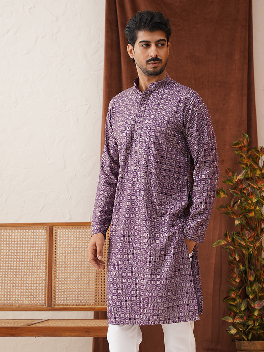 Embroidered Chikankari and Sequence Kurtas For Men ( KO 5131Purple )